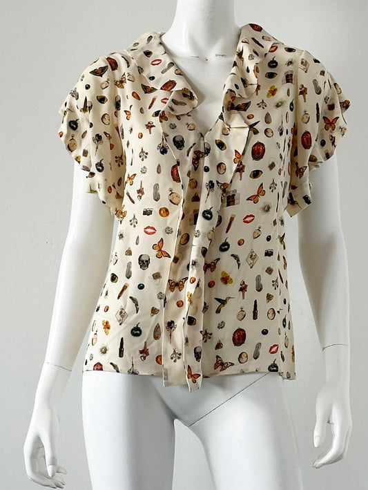 Beige Obsession Printed Silk Blouse Size Small