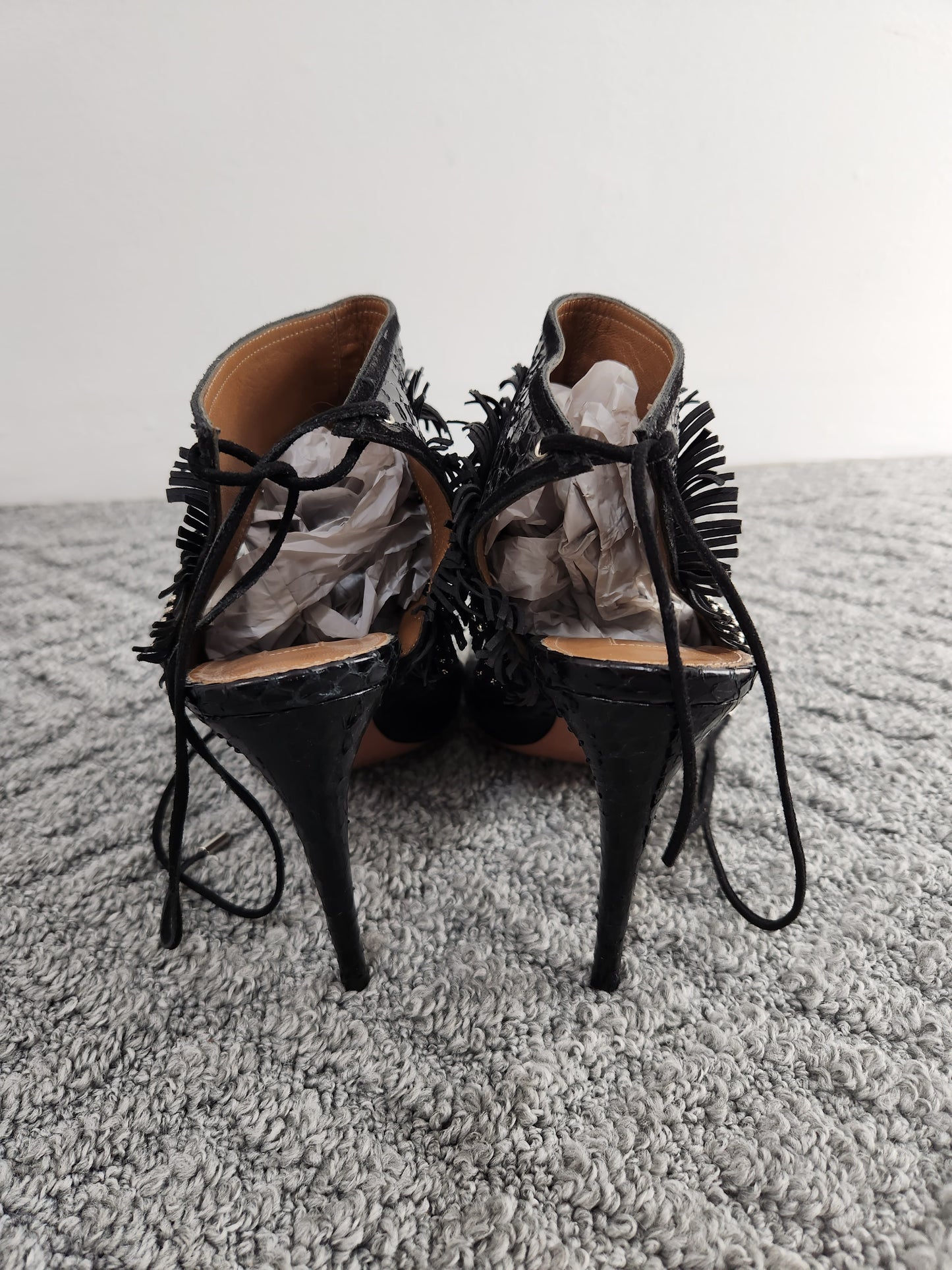 Python Leather Fringe Cutout Heels Size 41