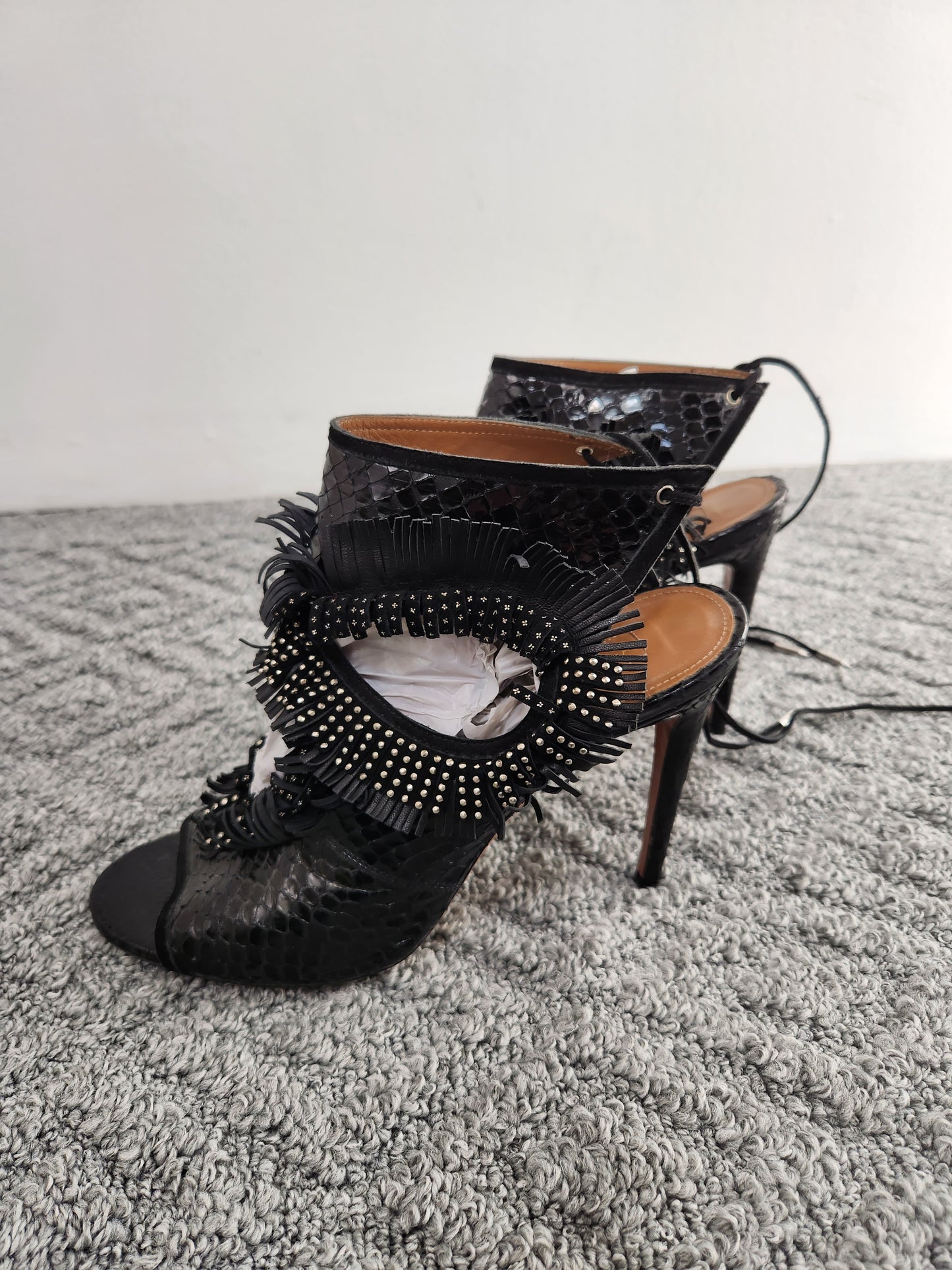 Python Leather Fringe Cutout Heels Size 41