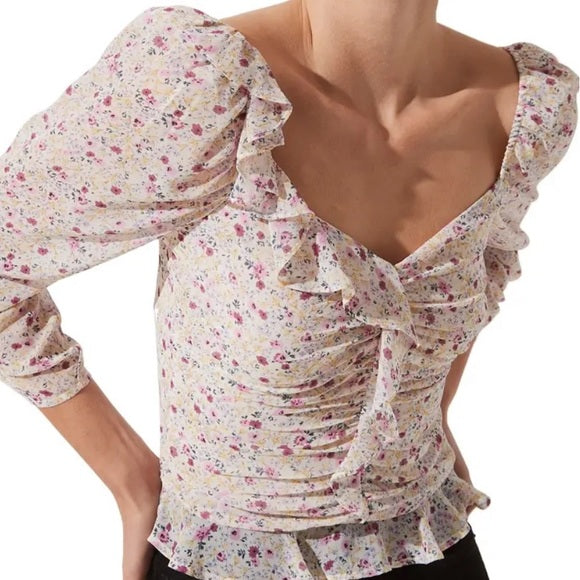 Floral Ruched Sleeve Top Size Small