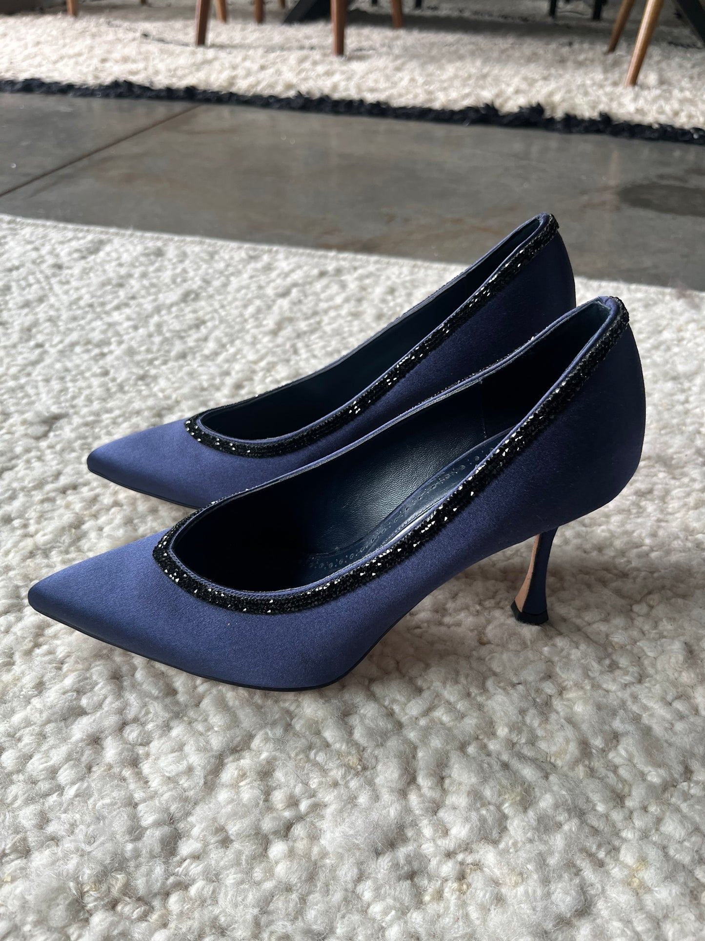 Navy Satin Embellished Pumps Size 38