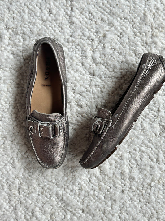 Pewter Leather Loafers Size 37.5