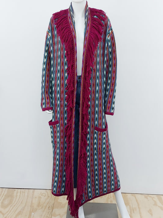 Ikat Fringe Long Cardigan Size Small